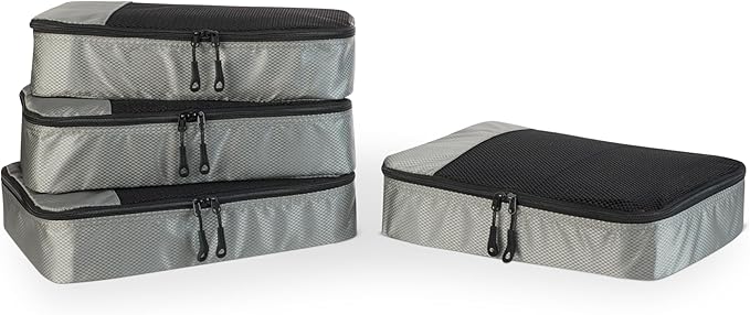 Amazon Essentials 4-Piece Packing Cubes Travel Accessories Set, Space-Saving Luggage Organizer with Double Zipper, Mesh Top Panel, Medium, Gray (Previously Amazon Basics)