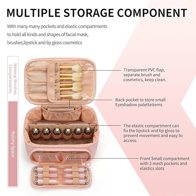 OCHEAL Makeup Bag, Multifunctional Make Up Bags Large Compact Makeup Bag Organizer Cosmetics Toiletry Brushes Storage Makeup Case with Handle for Women Girls Makeup Case with Handle-Pink