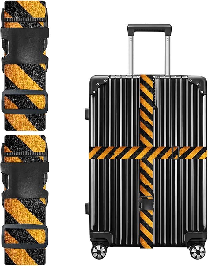 Nuxovilar Luggage Straps of 2 Set Black & Yellow Diagonal Stripes Pattern, 1.96x90.5 inches - Luggage Straps for Suitcases, Fit for Adventure Trips, Outdoor Travel, Daily Commute