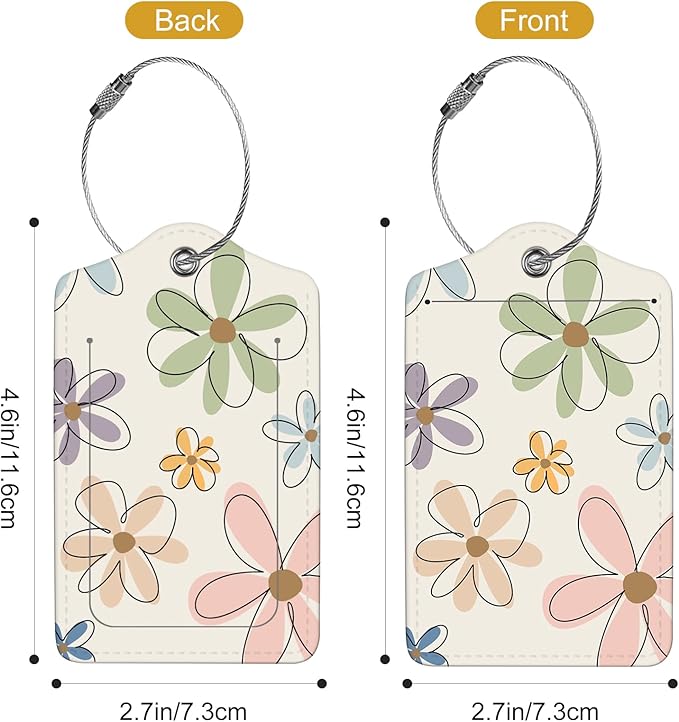 2Pack Luggage Tags for Suitcases, Cute Unique Pu Leather Cruise Luggage Tag with Privacy Cover ID Label Address Card and Metal Ring Suitable for Women Men Kids Travel Bag Linear Flower