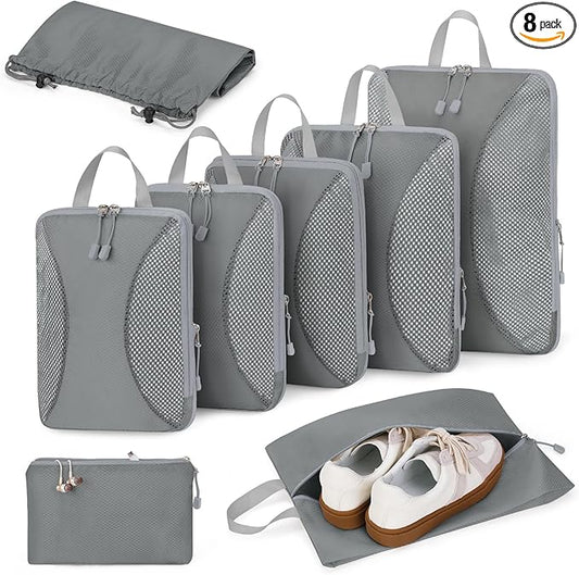 Compression Packing Cubes 8 Sets, Packing Organizers, Extensible Suitcase Organiser Bags, Travel Organizer Cubes for Travel Essentials Grey