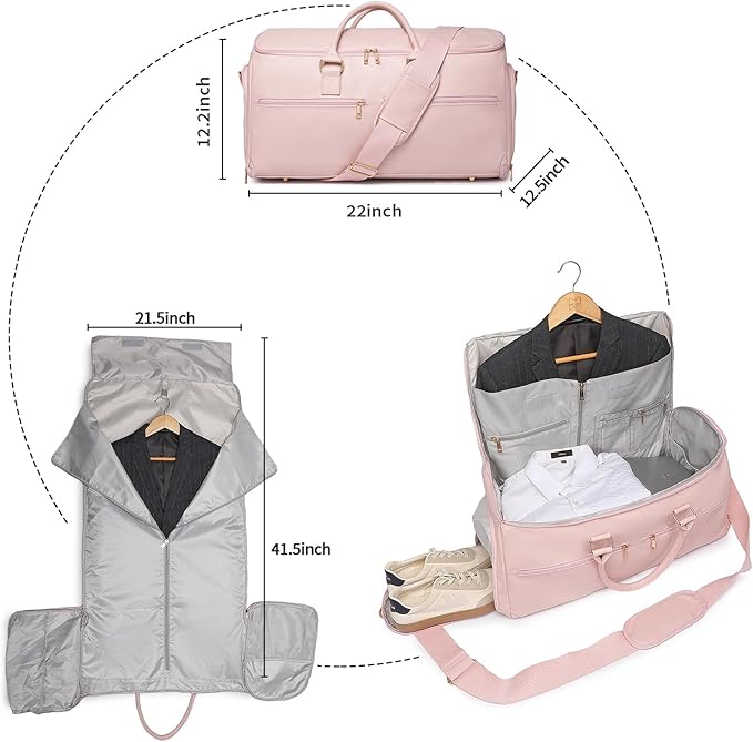 seyfocnia Convertible Travel Garment Bag, Carry On Garment Bag for Women, 2 in 1 Hanging Suitcase Suit Business Travel Bag Weekender Bag, Pink