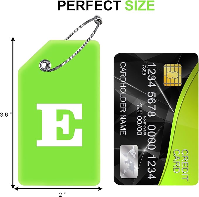 Gostwo 8 Pack Luggage Tags for Suitcases, 26 Initial Letter Travel Luggage Baggage Identification Labels ID Tags Fully Bendable Tags with Stainless Steel Loop (Letter E, Green)