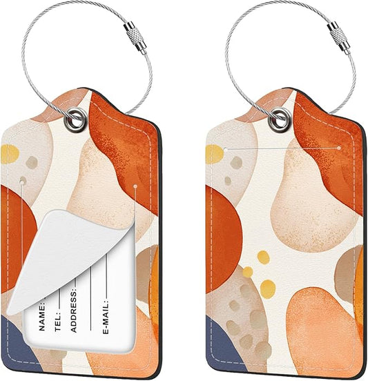 2 Pcs Luggage Tag for Suitcases, Abstract Boho PU Leather Suitcase Tag Privacy Cover Name ID Label with Metal Loop, Personalized Baggage Identifier for Women Cruise Bag Travel Essentials
