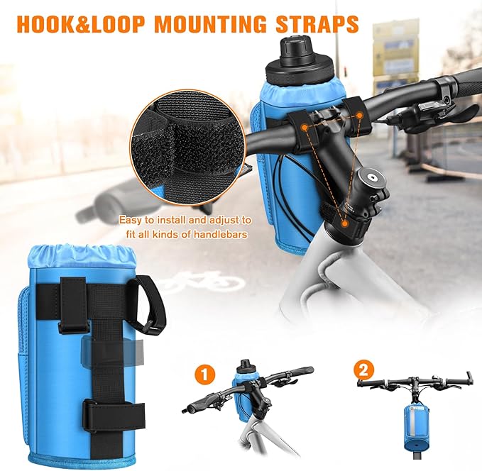 FINPAC Cup Holder for Bike, Universal Water Bottle Holder with Phone Pockets for Stroller Walker Golf Cart Rollator and Scooter, Outdoor, Biking - Blue