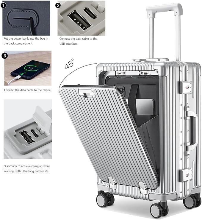 feilario Aluminium Frame PC Hard Shell Spinner Wheels Luggage,20.8"X15"X8.7 Airline Approved Built-In TSA lock Carry on Suitcase, with Cup Holder, USB Port, Phone Holder
