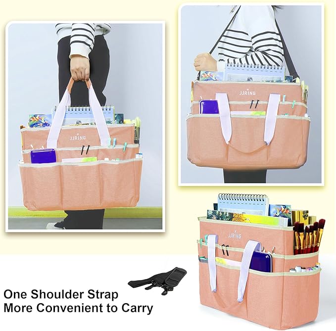 JJRING Craft Organizer Tote Bag, Large Art Storage Caddy with Multiple Pockets, Beige Sewing Bag for Art, Craft, Scrapbooking, School, Medical, and Office Supplies Storage