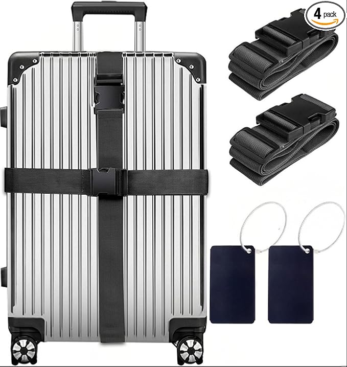 4-piece Set of Lockable Luggage Straps - Two Luggage Straps and Two Luggage Tags to Protect Your Luggage from Bursting, Suitable for suitcases 20-32 in(Black Strap (excluding Password Lock))