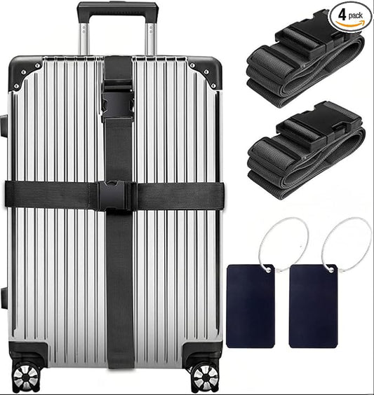4-piece Set of Lockable Luggage Straps - Two Luggage Straps and Two Luggage Tags to Protect Your Luggage from Bursting, Suitable for suitcases 20-32 in(Black Strap (excluding Password Lock))
