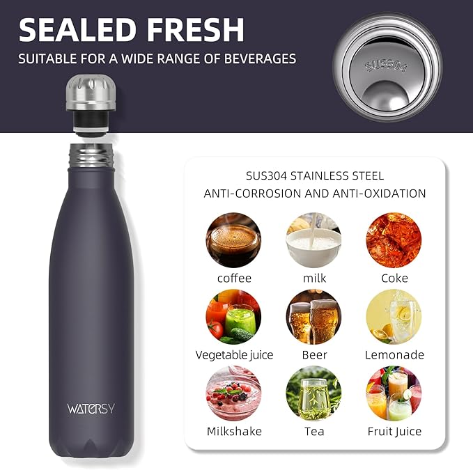 WATERSY Stainless Steel water bottles,17oz/500ml Insulated Water Bottles,Dark Purple metal water bottle Keeps Drink Cold and Hot,BPA Free kids water bottles for School,Gym,Travel,Sports