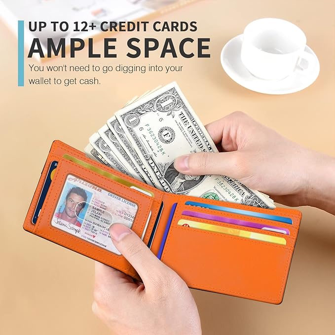 RUNBOX Wallet for Men Slim 11 Credit Card Holder Slots Leather RFID Blocking Small Thin Men's Wallet Bifold Minimalist Front Pocket Large Capacity Gift Box
