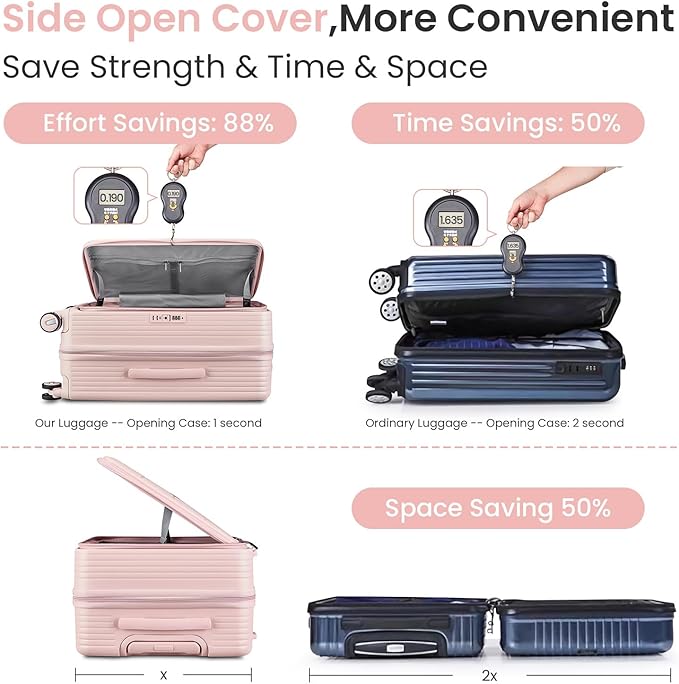 3 Piece Luggage Set 100% PC Hardshell, Front Opening Expandable Suitcase (20/24/28) with Laptop Compartment & Free Custom PVC Covers, Trunk Style Lightweight Spinner Wheels TSA Lock (Pink)