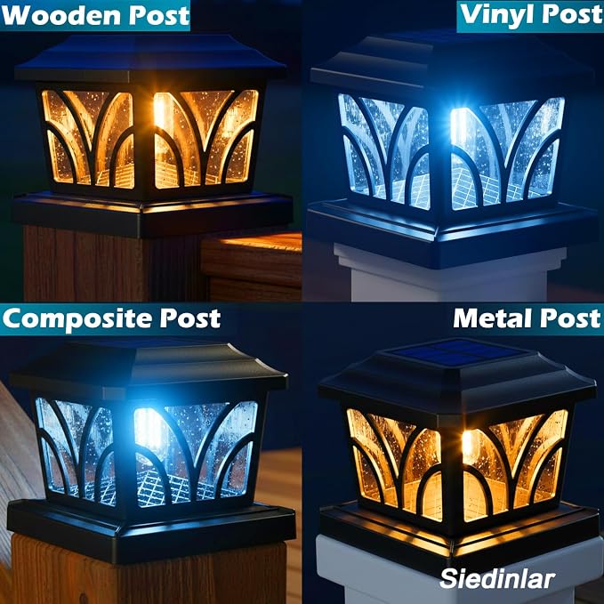 SIEDiNLAR Solar Post Cap Lights Outdoor, Aluminum Glass 2 Modes Fence Post Caps for 4x4 5x5 6x6 Vinyl Wooden Posts Fence Deck Patio Decor, Warm White/Cool White Lighting 2 Pack (Black)