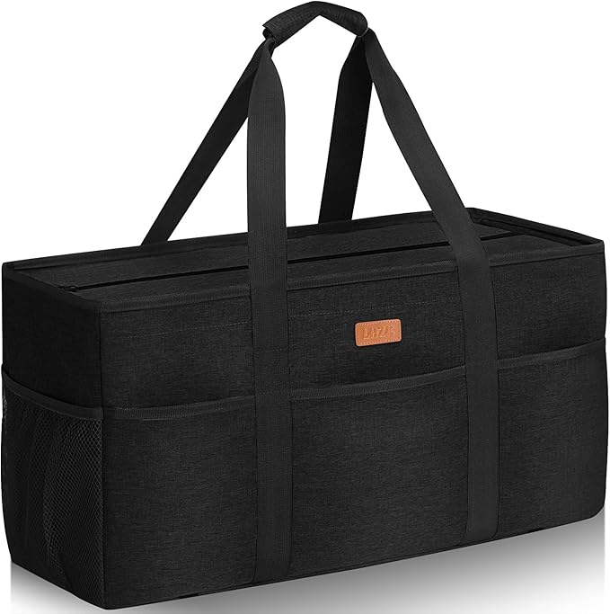 LHZK Stand Up Extra Large Utility Tote Bag with Lid, Utility Tote Bag with Metal Wire Frame and the Sides Rinforced, Reusable Grocery Bags Foldable, Beach Bag, Car Tote (Black)