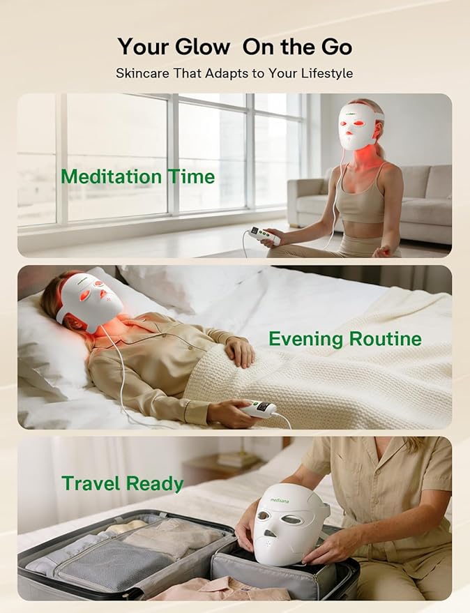 Medisana Red Light Therapy for Face, 3D Facial Fit LED Mask with 415nm Blue 630nm Red 830nm Infrared, 336 Beads, 3 Modes - Cordless & Rechargeable LED Face Mask for Home, Skincare Gifts for Women Mom