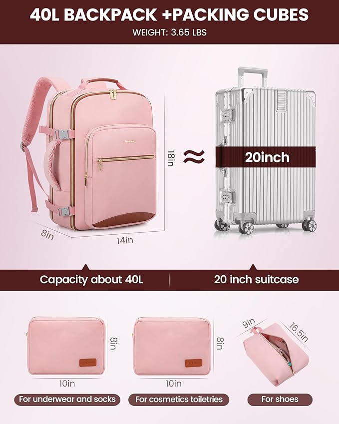 LOVEVOOK Travel Backpack for Women & Men 40L,Airline Approved Carry On Backpack Travel Essentials,TSA Carry on Luggage,Waterproof Personal Item Travel Bag,Suitcase with 3 Packing Cubes,Pink-Brown