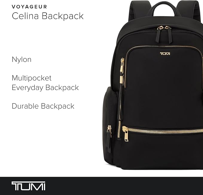 TUMI - Voyageur Celina Backpack - Women's Work and Travel Bag - 16.0" X 10.6" X 6.5" - Holds Up to 16" Laptop - Black & Gold Hardware