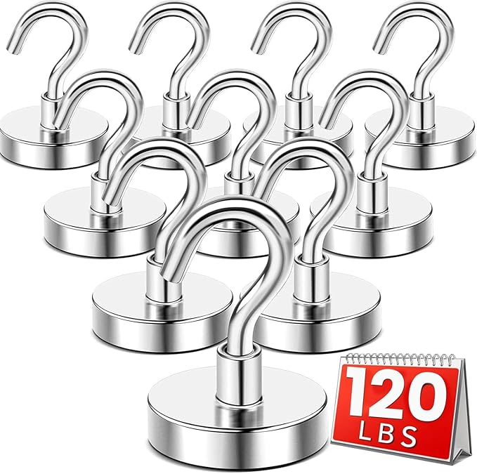 DIYMAG Magnetic Hooks,120 lb Heavy Duty Strong Magnet with Hook for Hanging Rare Earth Neodymium Magnet for Fridge Kitchen Cruise Grill Garage and Storage 12 Packs