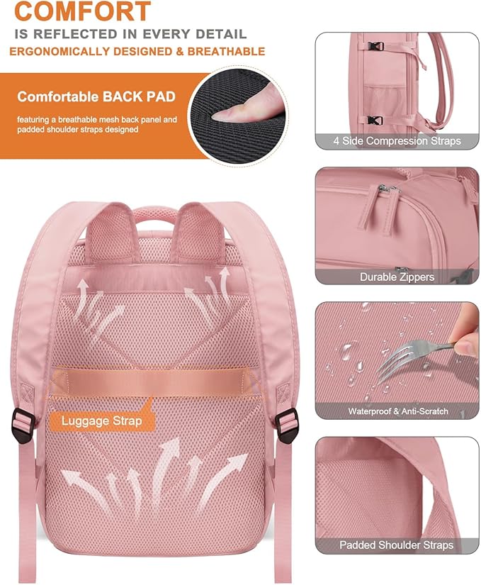 Capolo Travel Backpack for Women Men Waterproof Laptop Backpack Airlines Approved Carry On Backpack Bag Computer Bookbag for Business, Work, Traveling Fits 15.6 Inch Laptop(Pink)