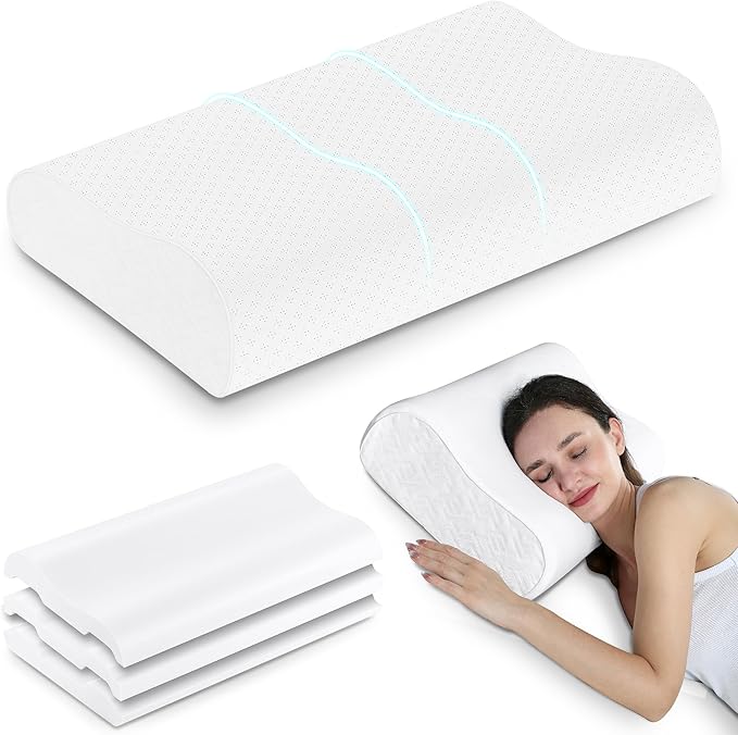 Elviros Memory Foam Pillows for Neck Pain Relief, Adjustable Height Ergonomic Orthopedic Pillow for Sleeping, Cervical Neck Pillow for Side and Back Sleepers, Queen Size, 23.6"×14"×5.3"
