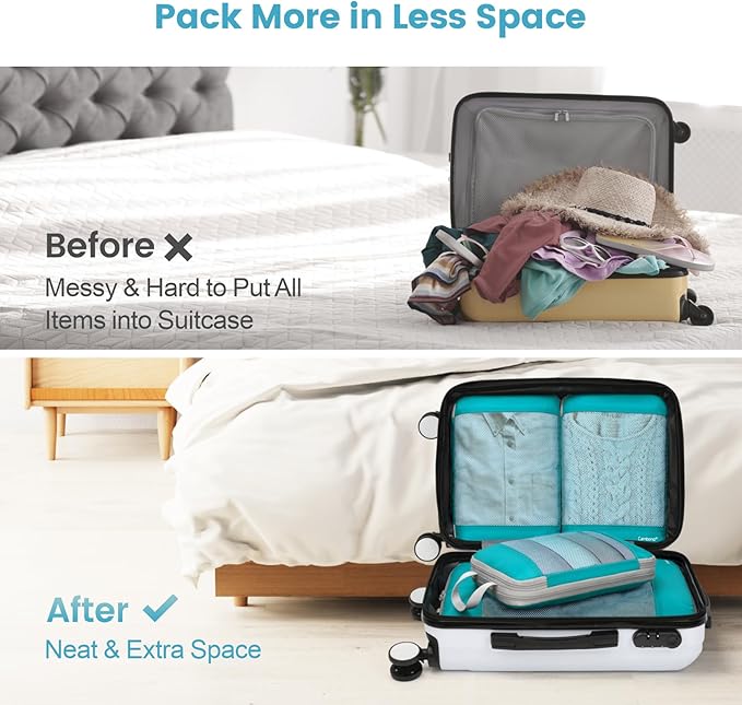 Cambond See Through Mesh Compression Packing Cubes - 4 Piece Expandable Space Saving Packing Cubes for Travel, Lightweight Travel Bags Luggage Packing Organizer Essentials for Suitcases, Lake Blue