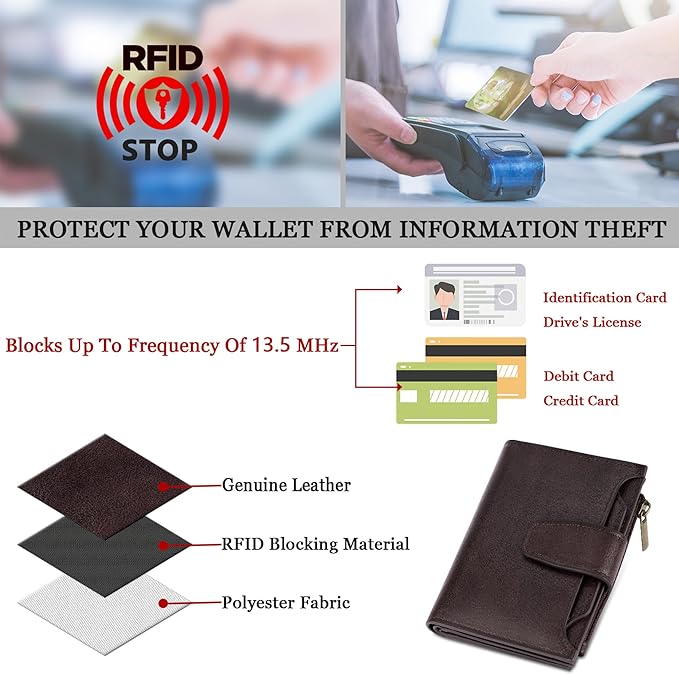 Airkit Small Wallet Women RFID Blocking Genuine Leather Bifold Compact Card Holder Wallet for Women with Zipper Coin Pocket 4 ID Window