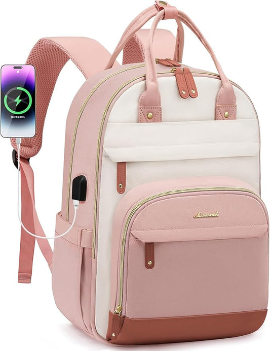LOVEVOOK Backpack for Women,Laptop Backpack Women,Fits 15.6 Inch Laptop Bag,School Backpacks,Fashion Travel Work Anti-theft Bag,Waterproof Business Computer College Backpack Purse,Pink-Beige