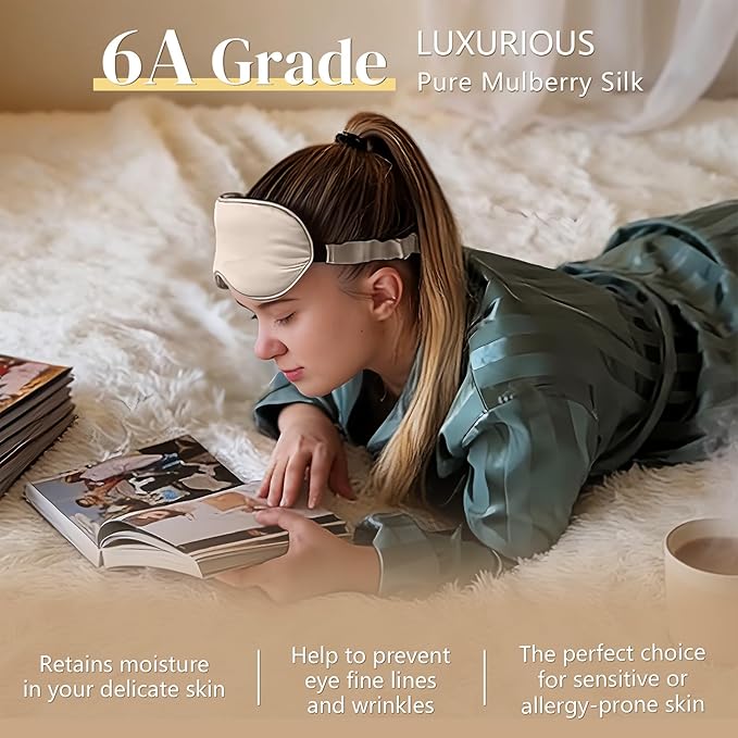ZIMASILK Adjustable 22 Momme 100% Pure Mulberry Silk Sleep Mask, 3D Contoured Cup Eye Mask for Sleeping, Super Soft Breathable Blindfold, Perfect Blocks Light for Sleeping. (Beige)