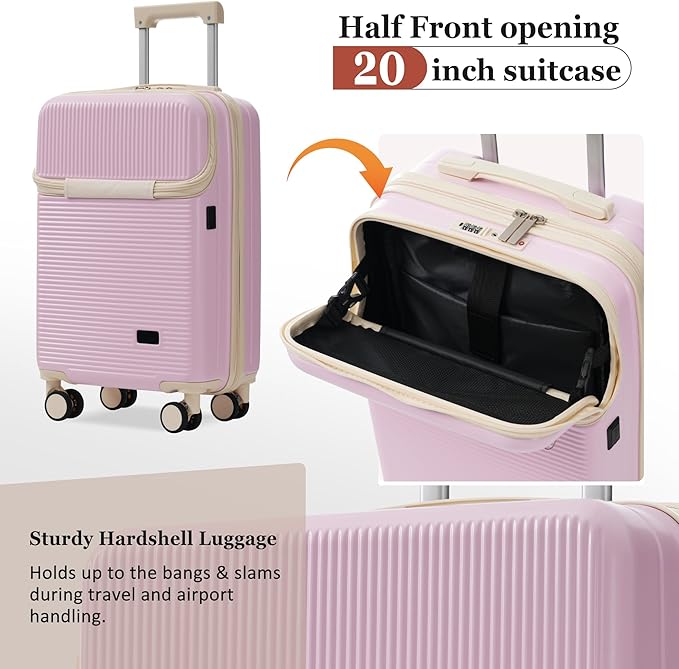 Merax Luggage Sets 5 Piece,Front Half-open Hardshell Expandable Suitcase with Spinner Wheels and Duffel Bags,Lightweight Carry on Luggage with USB Port,20/24/28IN,Light Pink