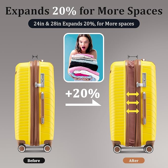 4 Piece Expandable Hardshell Pink Luggage Sets with Spinner Wheels, Lightweight Travel Suitcase Set with TSA Locks, 20 inch Carry On for Women (Yellow, 4 Piece Set)