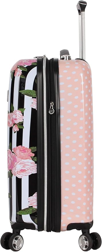 Betsey Johnson Designer 20 Inch Carry On - Expandable (ABS + PC) Hardside Luggage - Lightweight Durable Suitcase With 8-Rolling Spinner Wheels for Women (Stripe Roses)