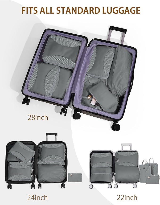 Compression Packing Cubes 8 Sets, Packing Organizers, Extensible Suitcase Organiser Bags, Travel Organizer Cubes for Travel Essentials Grey