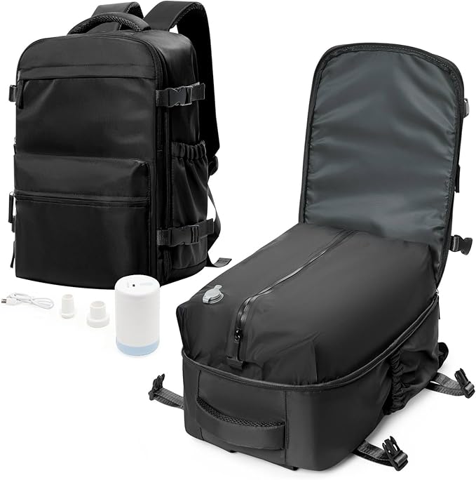 VECAVE Vacuum Travel Backpack with Pump for Women,Personal Item Carry on Backpacks Flight Approved 18x14x8 inches for Men,Laptop Waterproof Work Compression bags Casual Daypack Black