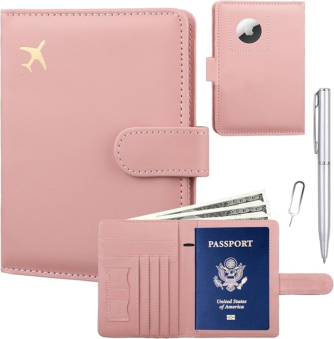 GOAUS Passport Holder for Travel with AirTag Slot Cards Cash Pocket, Faux Leather Travle Wallet Gifts for Women Men RFID Blocking Book Case Pink, AirTag Not Included