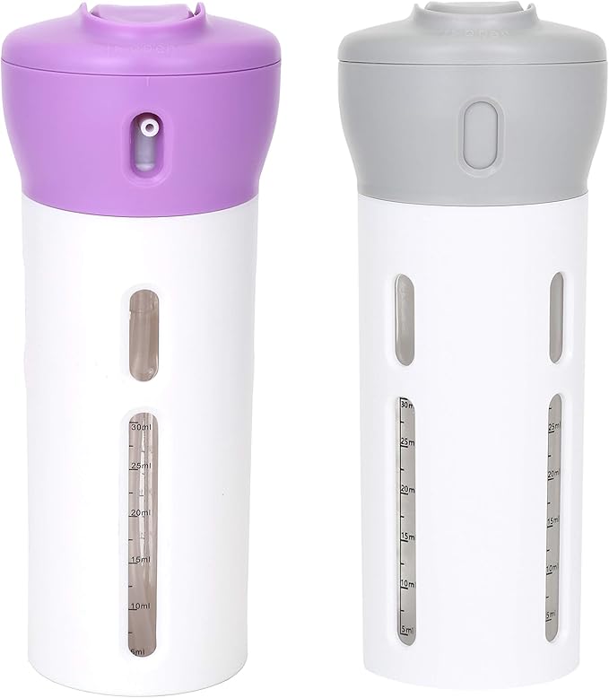 Travigo 4-in-1 Travel Dispenser Bottle Set, TSA Approved, Leak Proof, Reusable 1.4 oz. (40 mL) Toiletry Containers for Shampoo, Conditioner, Soap, Lotion, Skincare (2 Pack, Purple & Gray)
