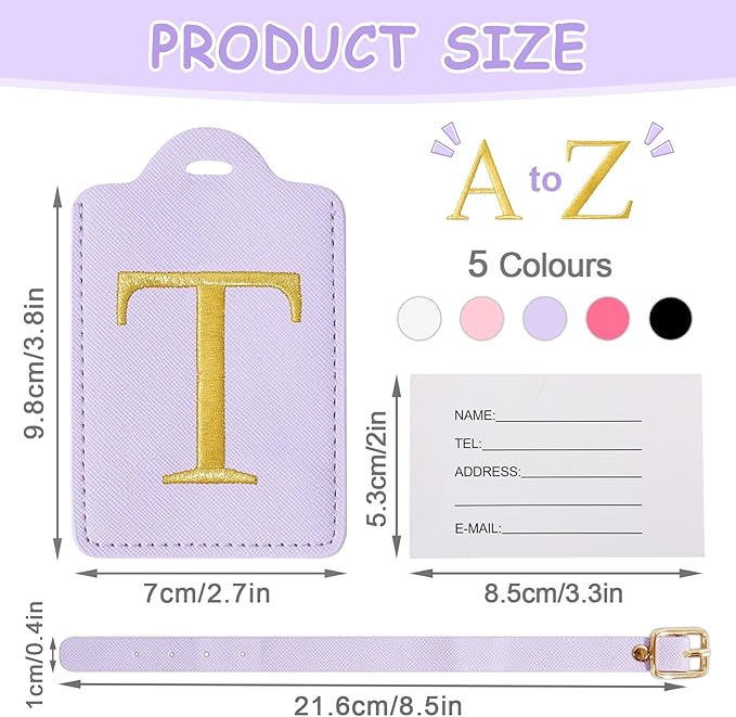 Initial Letter Luggage Tag for Suitcase, Cute Luggage Bag, Waterproof PU Leather Travel Luggage Tag, Suitcase Identifier Name Tag, Monogrammed Suitcases Tags, Bag Tags for Handbags(Purple T)