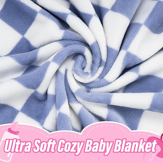 Plush Checkered Baby Blanket for Boys Girls Nursery, 30"*40" Warm Short Fleece Blanket Neutral for Infant Newborn, Small Fuzzy for Sleeping, Chenille or Stroller (Dark Blue&White)