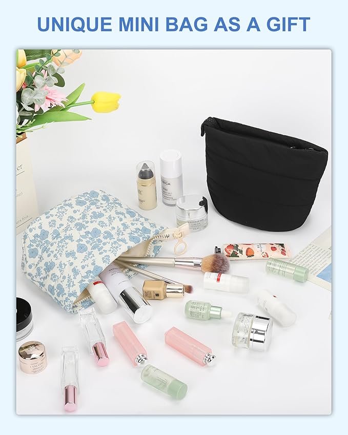 Relavel Floral Makeup Bag, Mini Cosmetic Pouch for Women, Portable Traveling Car Bag for Essentials with Compartments, Cute Toiletry Bag Organizer - Blue Flower