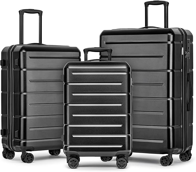 KYME Luggage Sets 3 Piece Hardshell 20"/24"/28" Suitcase with Wheels Hardside Suitcase Set with TSA Lock Large Travel Luggage Set for Women Men Black