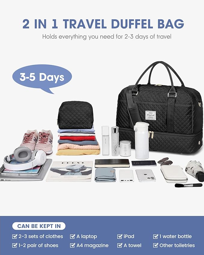 Weekender Bags for Women Travel Bag - Duffle Bag with Shoe Compartment Carry on Overnight Bag for Women Hospital Bags for Labor and Delivery 2Pcs Set Black