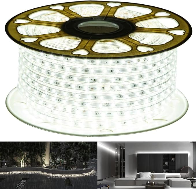 110V Daylight White Led Strip Light Outdoor 131.2ft 40m 6000K Led Rope Lights IP65 Waterproof Indoor Flexible Cuttable Connectable Ideal for Backyards Bedroom Car Deck Decorative Lighting