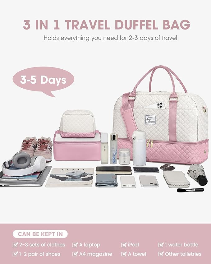 Travel Duffle Weekender Bags for Women: Carry On Bagswith Shoe Compartment Overnight Bag with Toiletry & Wet Pocket Large Tote Hospital for Women Labor Delivery Beige Pink