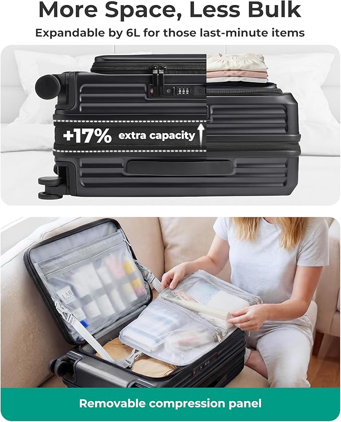 BAGSMART Top Opening Carry On Luggage 22x14x9 Airline Approved with TSA Lock, Expandable 20 Inch Deep Compartment Hard Shell Suitcases with Double Spinner Wheels, Black