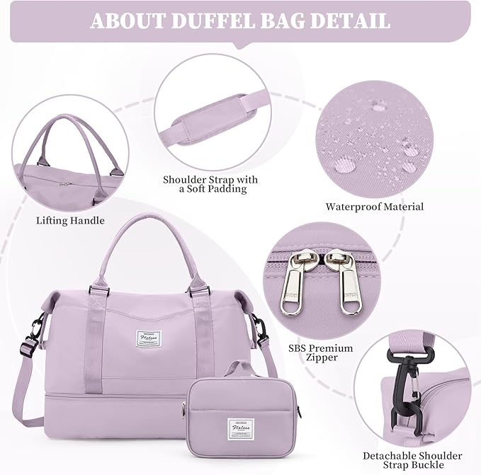 Weekender Bags for Women,Overnight Travel Duffel Bag with Shoes Compartment& Toiletry Bag,Extra Large(Purple)