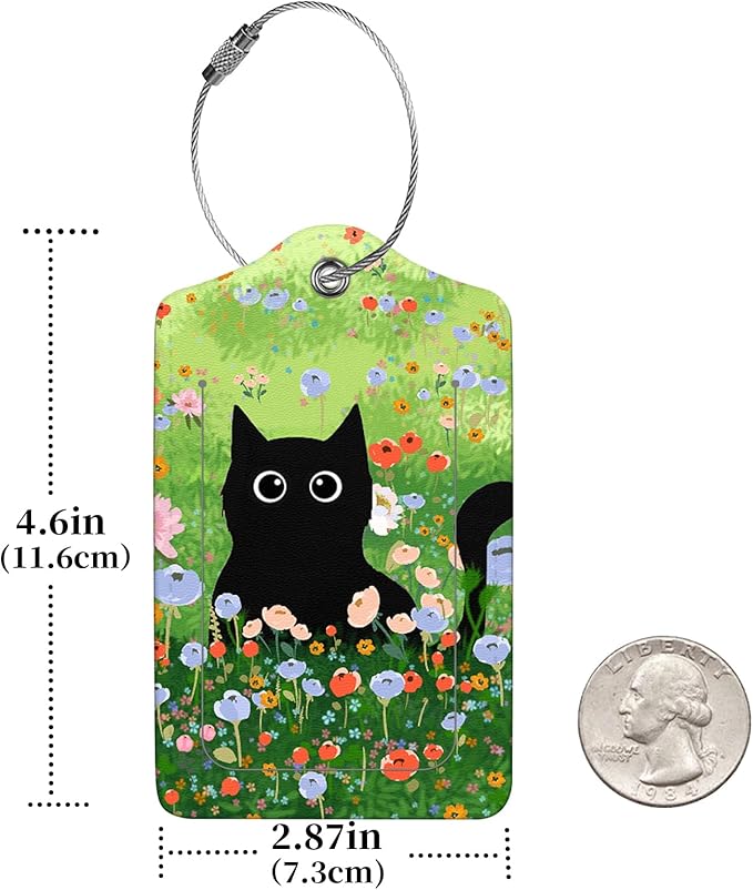 2 Pcs Luggage Tags for Suitcase, Cute Unique PU Leather Travel Bag Tag with Privacy Cover ID Label Address Card and Durable Metal Ring Suitable for Men Women Children Backpack,Black Cat On The Grass