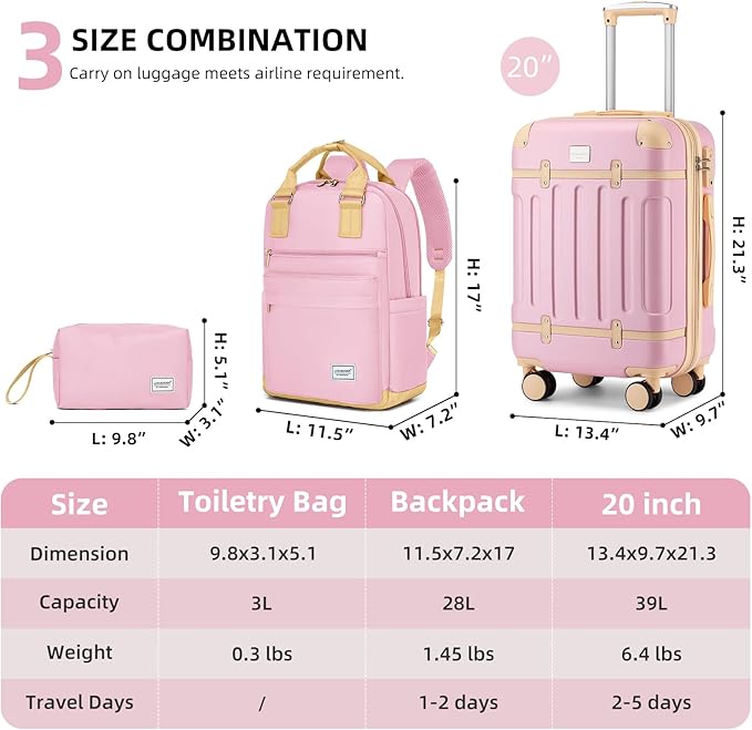 LARVENDER Luggage Sets 3 Piece Expandable Carry on Luggage 22x14x9 Airline Approved Hardshell Suitcase with Wheels TSA Lock, Lightweight Suitcase Set for Women with Travel Backpack, Light Pink