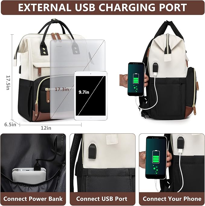 Focdod Laptop Backpack for Women, 17 Inch Work Business Backpacks Purse with USB Port, Large Capacity Doctor Nurse Bag Backbag, Waterproof Casual Daypack for Travel,Black-White-Brown