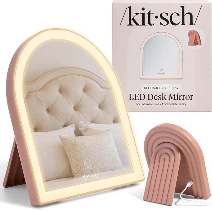 Kitsch Arch Desk Vanity Mirror with Lights, LED Makeup Surface, Touch Sensor Dimmable Warm Neutral Cool Glow, Rechargeable Desk Mirror with Kickstand for Travel - Terracotta