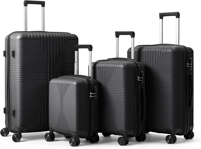Karl home Luggage Sets 4 Piece, PP Hard Case Suitcase Set with Built-in Lock Spinner Wheels, Lightweight Durable Carry on Luggage for Business Travel - Black (16/20/24/28")