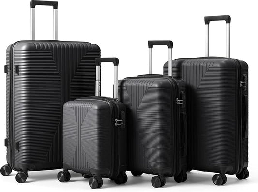 Karl home Luggage Sets 4 Piece, PP Hard Case Suitcase Set with Built-in Lock Spinner Wheels, Lightweight Durable Carry on Luggage for Business Travel - Black (16/20/24/28")